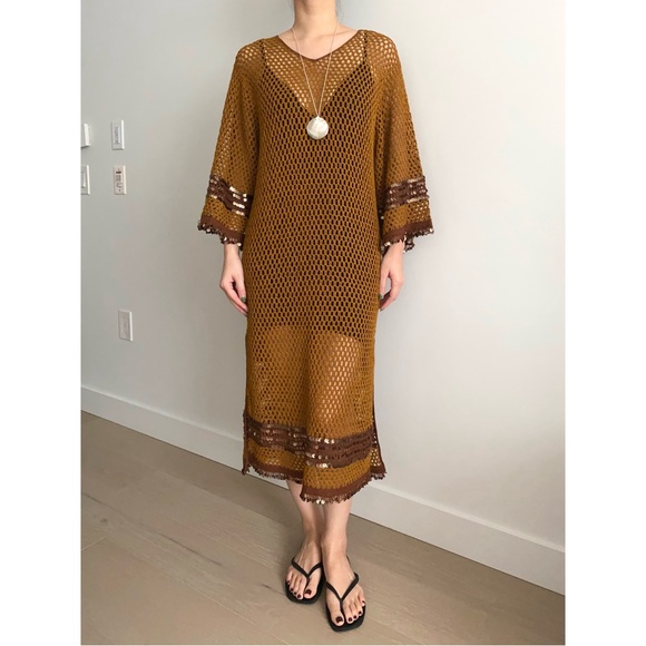 Zara mustard crochet knit bell sleeve sequin embellished kaftan dress - Picture 3 of 9